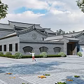 Ancient Architecture With Traditional Grey Brick Classic Roof Courtyard Stone Path People Walking And Trees