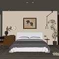 Cozy Modern Bedroom Interior Design With Bed Headboard Decorative Painting Ambient Lighting And Potted Plant