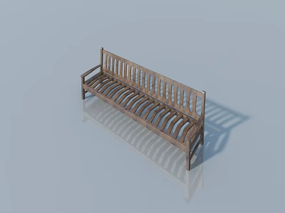 Wooden Bench With Slatted Backrest Armrests And Reflection On Light Colored Background 3d model