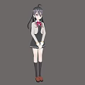 Anime Girl With Black Hair And Red Eyes Wearing School Uniform White Cardigan Red Bow