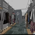 Modern Clothing Store Interior with Racks Display Shelves Cashier Counter Green Plants and Ceiling Decor