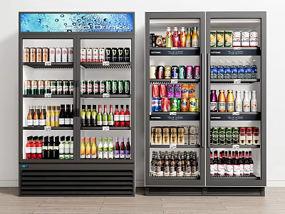Commercial Beverage Refrigerators Stocked with Various Bottled Drinks and Beverages 3d model