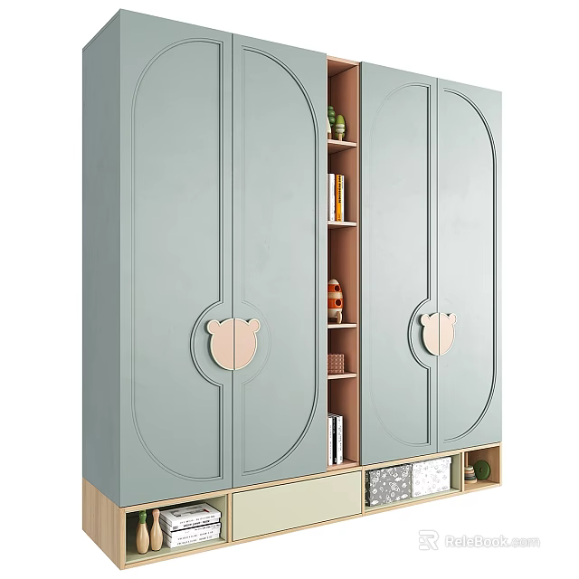Light Green Wardrobe With Double Door Design Open Shelves And Bottom Drawers 3d model 