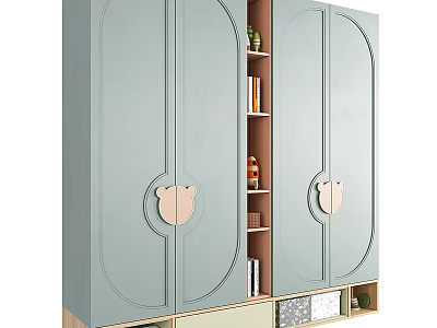 Light Green Wardrobe With Double Door Design Open Shelves And Bottom Drawers 3d model