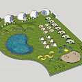 Garden Landscape Design Featuring Dome Structures Grass Area Central Pond And Arranged Tents 3d model