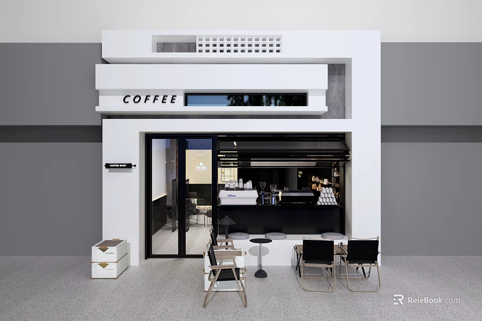 Modern Coffee Shop With White Facade COFFEE Signage Glass Door Bar Counter And Outdoor Seating 3d model 