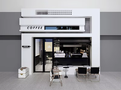 Modern Coffee Shop With White Facade COFFEE Signage Glass Door Bar Counter And Outdoor Seating 3d model