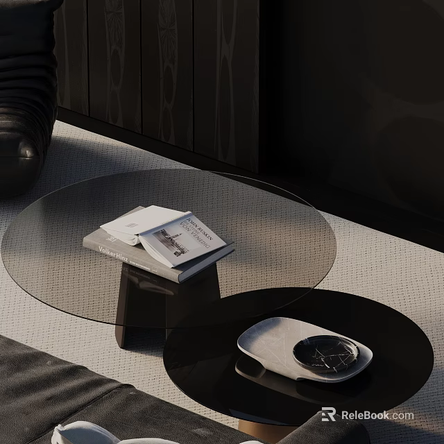 Black Leather Sofa and Round Glass Coffee Table Set with Magazines and Black Tray 3d model 