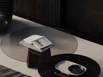 Black Leather Sofa and Round Glass Coffee Table Set with Magazines and Black Tray 3d model