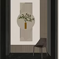 Modern Wall Decor with Circular Mirror Green Plant Vase Vertical Striped Panels and Lighting