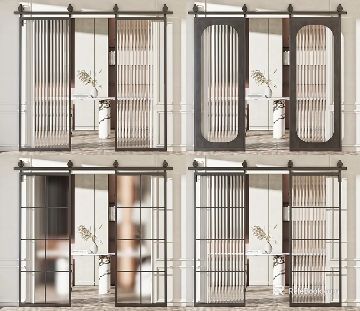 Modern Sliding Barn Doors Various Styles Black White Wooden Frame Interior Design 3d model 