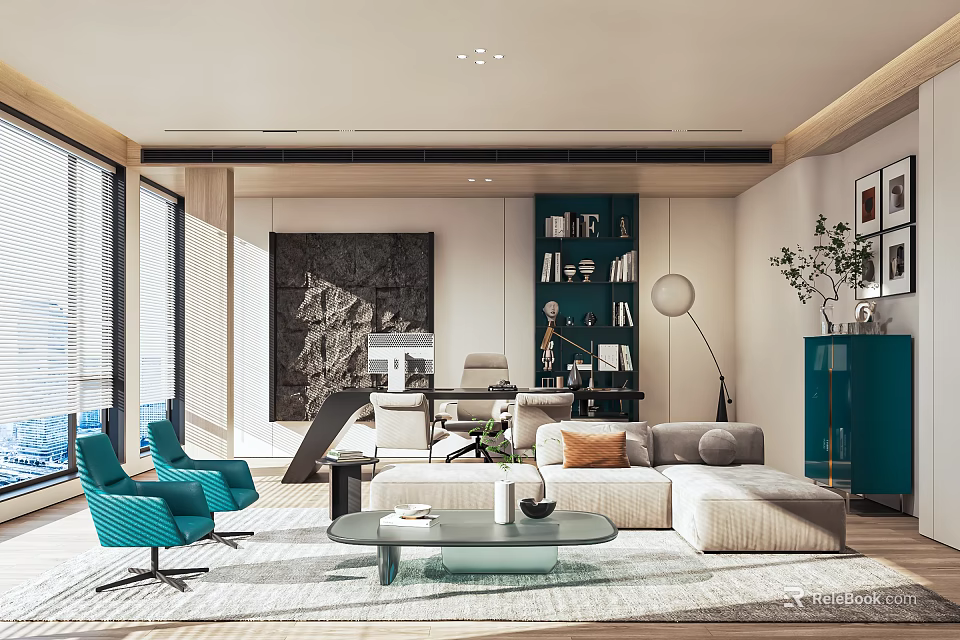Modern Office Interior with Open Workspace Green Chairs White Sofa Bookshelf And Floor-to-Ceiling Windows 3d model 