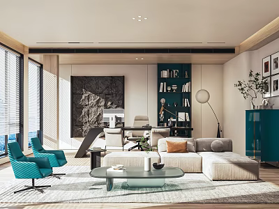 Modern Office Interior with Open Workspace Green Chairs White Sofa Bookshelf And Floor-to-Ceiling Windows 3d model