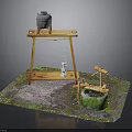 Traditional Rural Architectural Scene with Wooden Frame Pottery Jar Lantern and Mossy Well