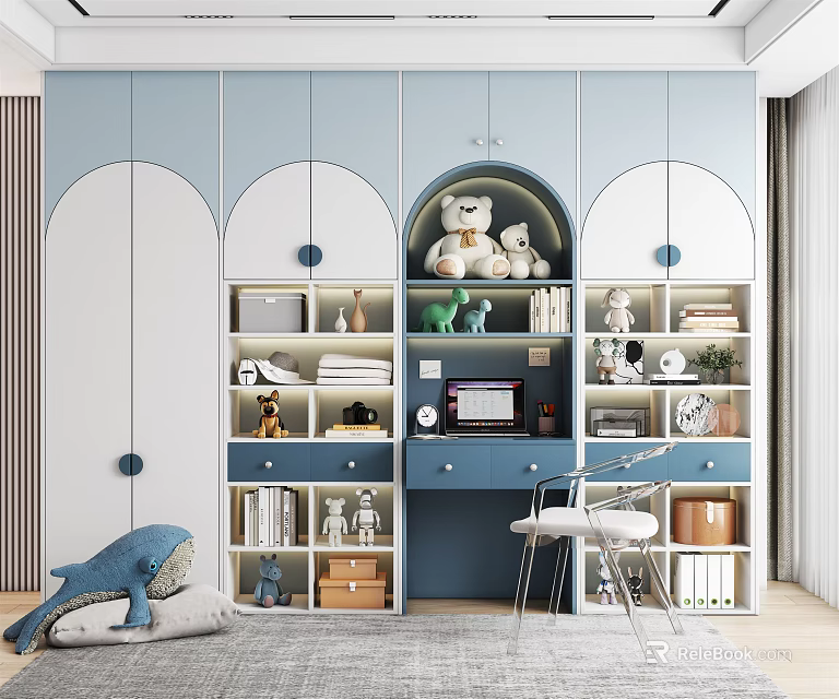 Modern Blue And White Bookshelf With Arched Doors Stuffed Toys Books Decorative Items And Drawers 3d model 