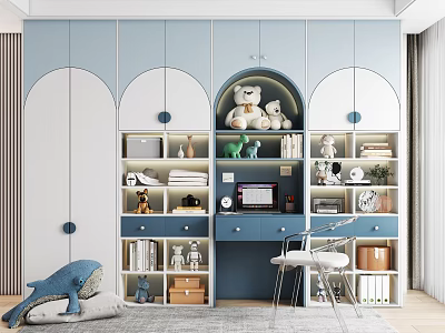 Modern Blue And White Bookshelf With Arched Doors Stuffed Toys Books Decorative Items And Drawers 3d model