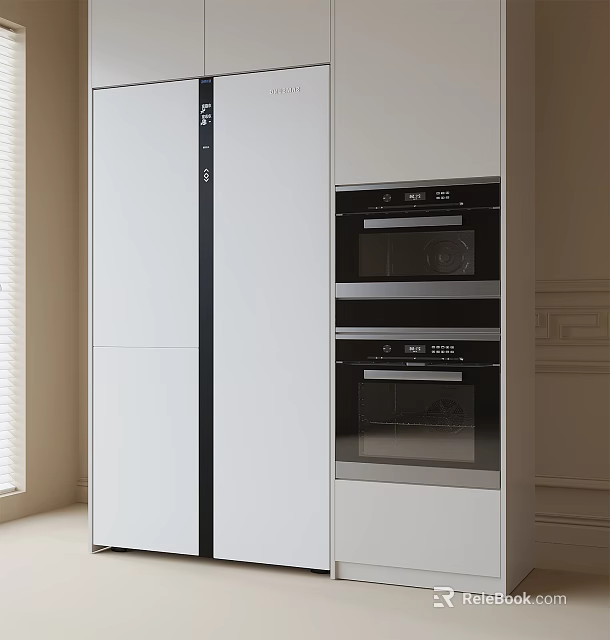 Modern Kitchen Cabinetry Featuring Double Door Refrigerator And Built In Ovens With Sleek White Design 3d model 