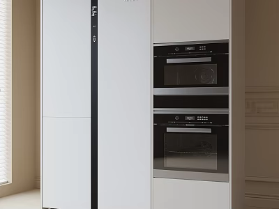 Modern Kitchen Cabinetry Featuring Double Door Refrigerator And Built In Ovens With Sleek White Design 3d model