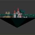 Enchanted Cartoon Scene With Red Roof Castle Green Trees Small Hut And Paths