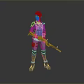 Man With Blue Hair Wearing Blue Outfit Holding Golden Rifle Against Grey Background