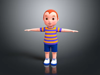 Cartoon Boy With Red Hair Yellow Purple Striped Shirt Blue Shorts White Shoes Arms Outstretched 3d model