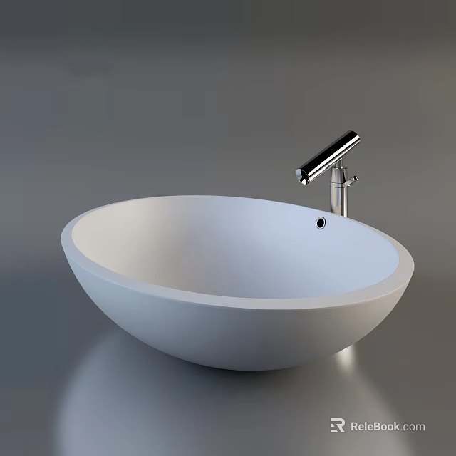Elegant Oval Shaped White Countertop Washbasin with Single Hole Silver Faucet 3d model 