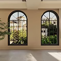 Bright Indoor Space With Arched Windows Green Plants Sunlight And Curtains