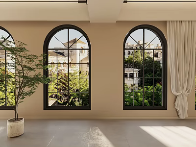 Bright Indoor Space With Arched Windows Green Plants Sunlight And Curtains 3d model