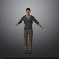 Man in shiny leather shirt and brown pants standing with arms outstretched against gray background
