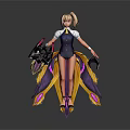 Blonde Female Character in Navy Vest Holding Biomechanical Weapon with Feathery Skirt