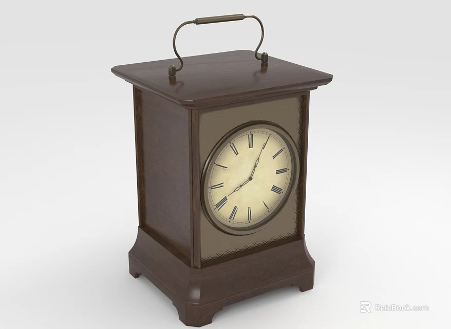 Brown Wooden Square Furniture Table Clock With Top Handle And Roman Numerals 3d model 