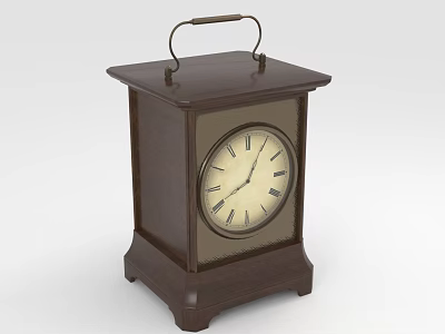 Brown Wooden Square Furniture Table Clock With Top Handle And Roman Numerals 3d model