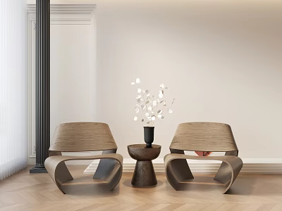 Two Modern Leisure Chairs with Small Side Table Black Vase White Decorative Flowers Wooden Floor 3d model