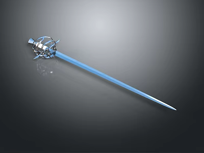 Shiny Metal Sword With Intricate Hilt Design And Blue Blade On Dark Background 3d model