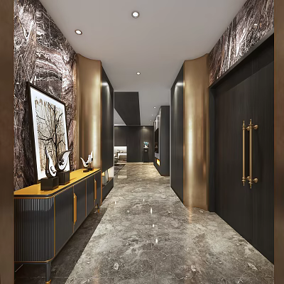 Modern Entryway Hallway With Marble Walls Floor Gold Accents Black Door Decorative Cabinet Wall Art 3d model