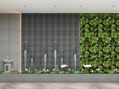 Front Desk Reception Interior With Gray Wall Living Plant Wall Water Feature Lotus Flowers And Stone Lantern 3d model