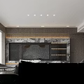 Modern Dining Living Room Interior Design With Marble Wall Art Sculpture And Dining Table