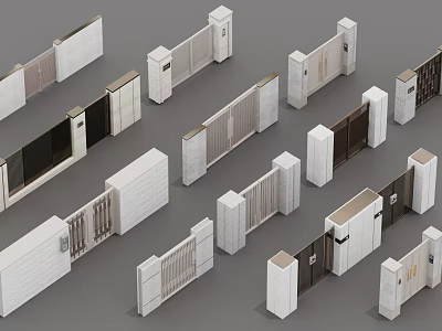 Modern White Gray Gate Designs With Various Styles Metal Elements And Pillars 3d model