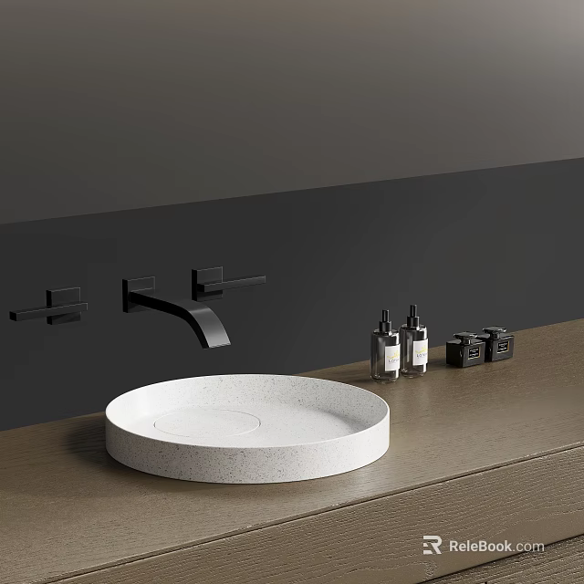 Round White Stone Washbasin with Black Faucet and Toiletries on Dark Bathroom Countertop 3d model 