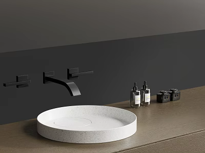Round White Stone Washbasin with Black Faucet and Toiletries on Dark Bathroom Countertop 3d model