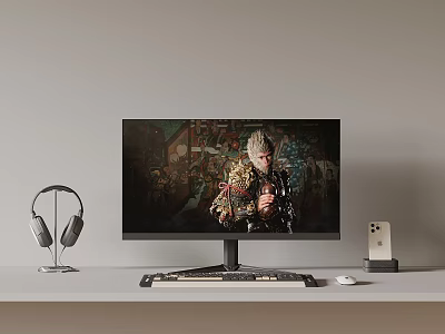 Modern Computer Monitor Setup With Keyboard Mouse Headphones And Smart Clock 3d model
