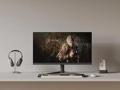 Modern Computer Monitor Setup With Keyboard Mouse Headphones And Smart Clock 3d model