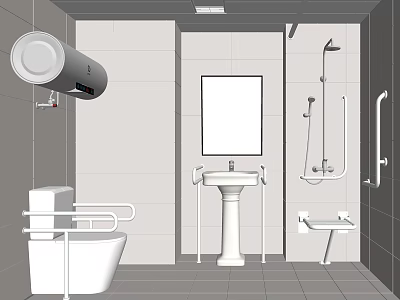 Public Restroom Design With Toilet Sink Mirror Handrails Shower And Water Heater 3d model