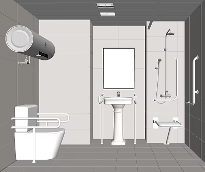 Public Restroom Design With Toilet Sink Mirror Handrails Shower And Water Heater 3d model