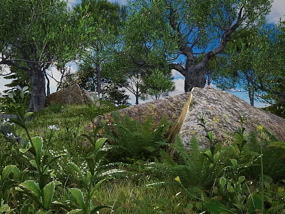 Lush Trees in Natural Landscape with Blue Sky Large Rocks Ferns and Green Vegetation 3d model