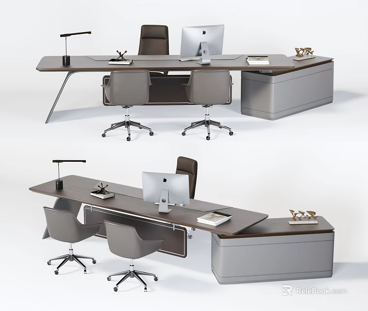 Modern Office Desk With Computer Monitor Ergonomic Chair Desk Lamp And Storage Cabinet 3d model 