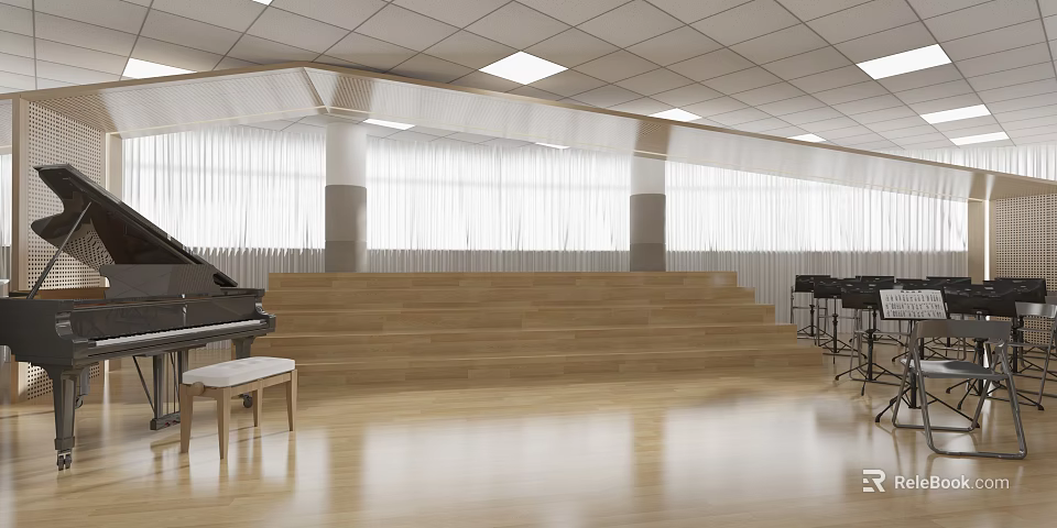 Art Book Space With Wooden Stairs And Piano 3d model 