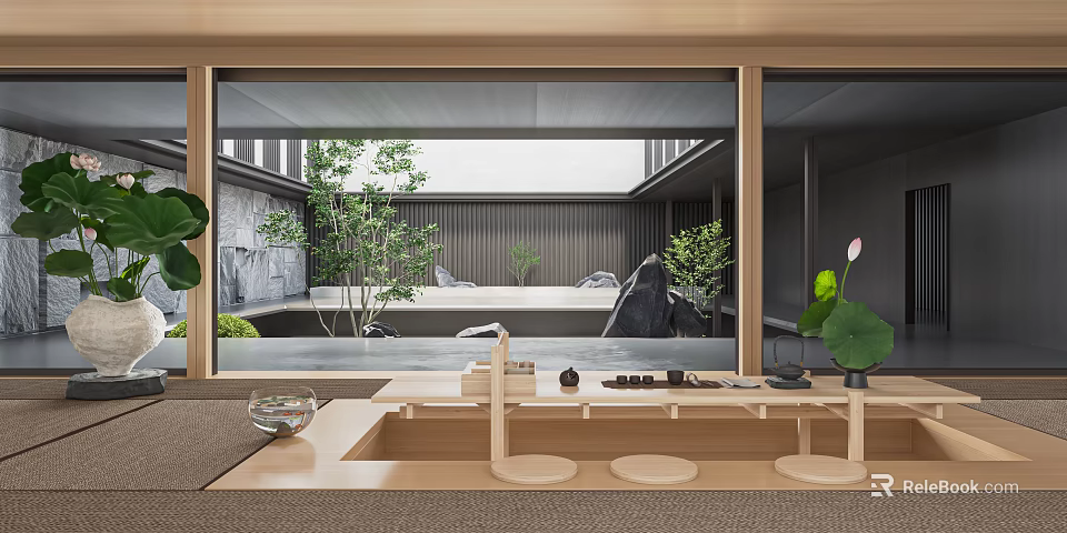Traditional Japanese Tea Room Interior Featuring Garden View Stone Water Feature And Wooden Furniture 3d model 