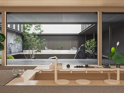 Traditional Japanese Tea Room Interior Featuring Garden View Stone Water Feature And Wooden Furniture 3d model