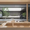 Traditional Japanese Tea Room Interior Featuring Garden View Stone Water Feature And Wooden Furniture